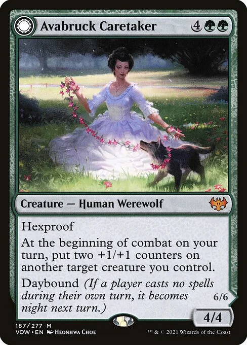 Avabruck Caretaker // Hollowhenge Huntmaster, carta Magic di tipo Creature — Human Werewolf // Creature — Werewolf illustrata da Heonhwa