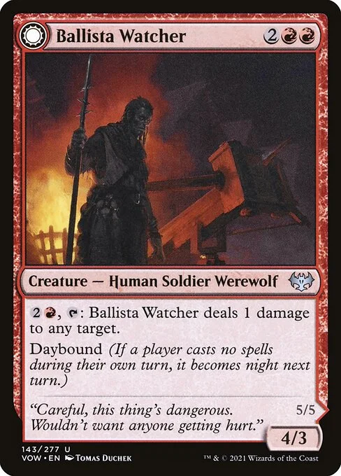 Ballista Watcher // Ballista Wielder, carta Magic di tipo Creature — Human Soldier Werewolf // Creature — Werewolf illustrata da Tomas Duchek