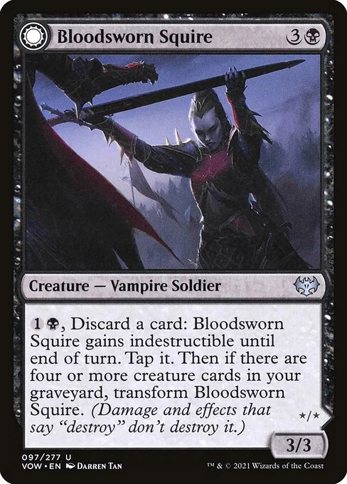 Bloodsworn Squire // Bloodsworn Knight, carta Magic di tipo Creature — Vampire Soldier // Creature — Vampire Knight illustrata da Darren Tan