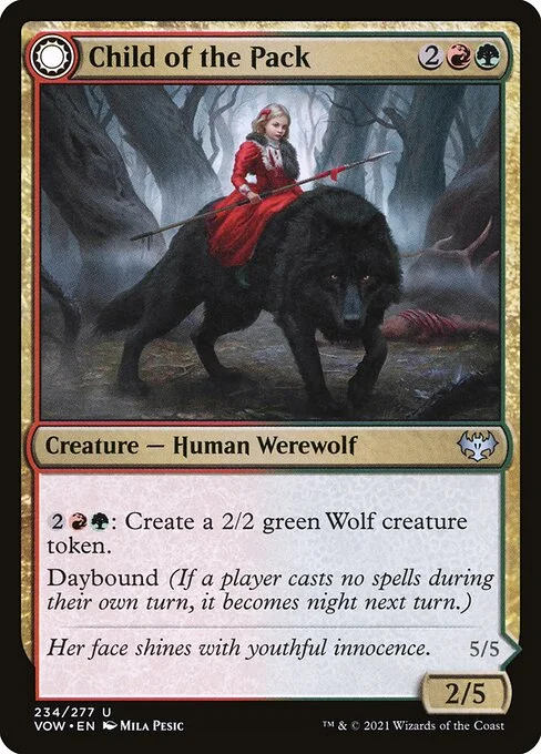 Child of the Pack // Savage Packmate, carta Magic di tipo Creature — Human Werewolf // Creature — Werewolf illustrata da Mila Pesic