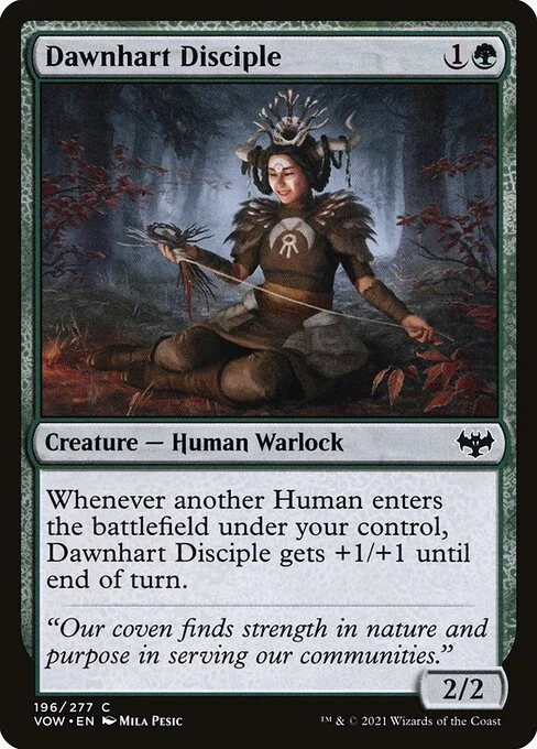 Dawnhart Disciple, carta Magic di tipo Creature — Human Warlock illustrata da Mila Pesic