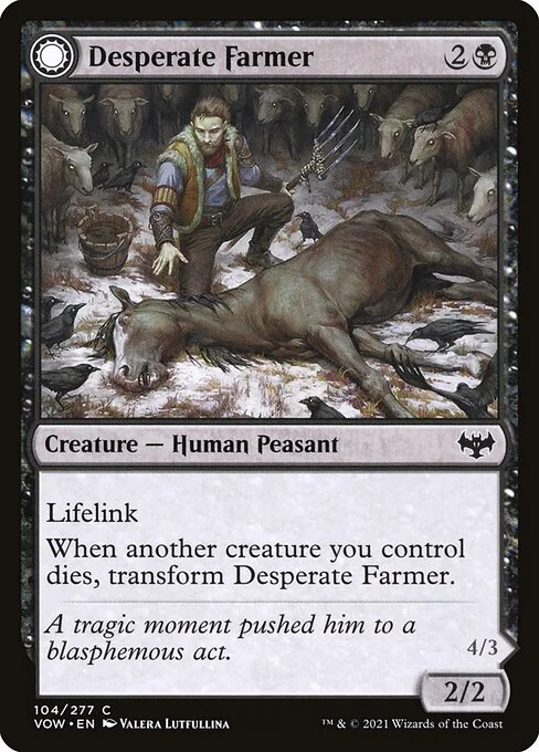 Desperate Farmer // Depraved Harvester, carta Magic di tipo Creature — Human Peasant // Creature — Human Knight illustrata da Valera Lutfullina
