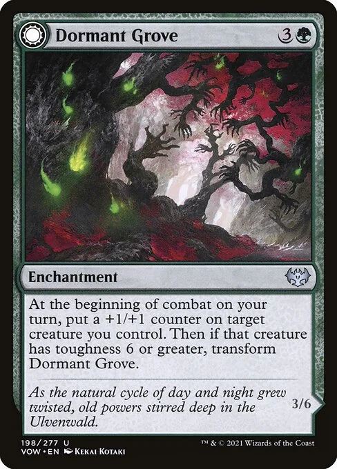 Dormant Grove // Gnarled Grovestrider, carta Magic di tipo Enchantment // Creature — Treefolk illustrata da Kekai Kotaki