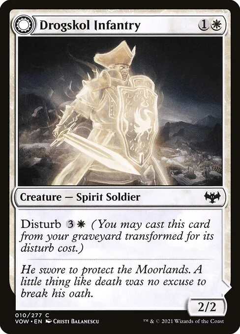Drogskol Infantry // Drogskol Armaments, carta Magic di tipo Creature — Spirit Soldier // Enchantment — Aura illustrata da Cristi Balanescu