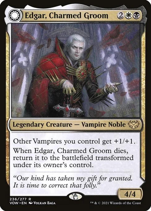 Edgar, Charmed Groom // Edgar Markov's Coffin, carta Magic di tipo Legendary Creature — Vampire Noble // Legendary Artifact illustrata da Volkan Baǵa