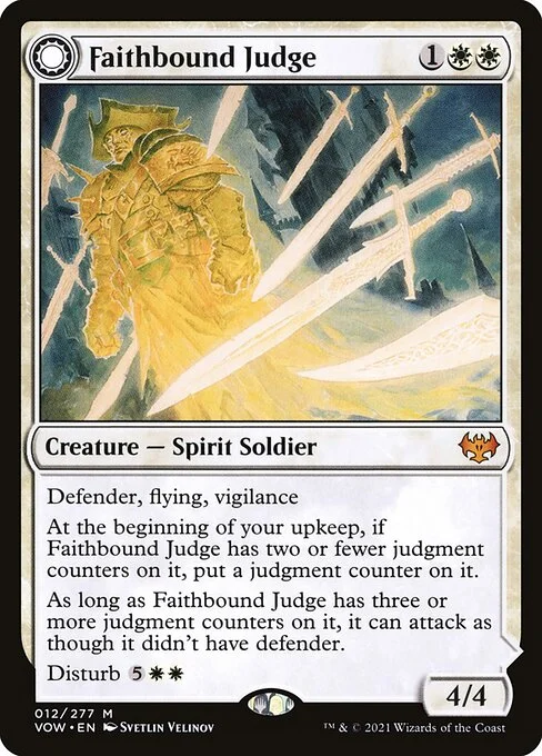 Faithbound Judge // Sinner's Judgment, carta Magic di tipo Creature — Spirit Soldier // Enchantment — Aura Curse illustrata da Svetlin Velinov