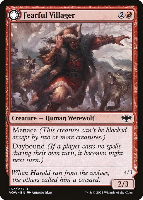 Fearful Villager // Fearsome Werewolf, carta Magic di tipo Creature — Human Werewolf // Creature — Werewolf illustrata da Andrew Mar