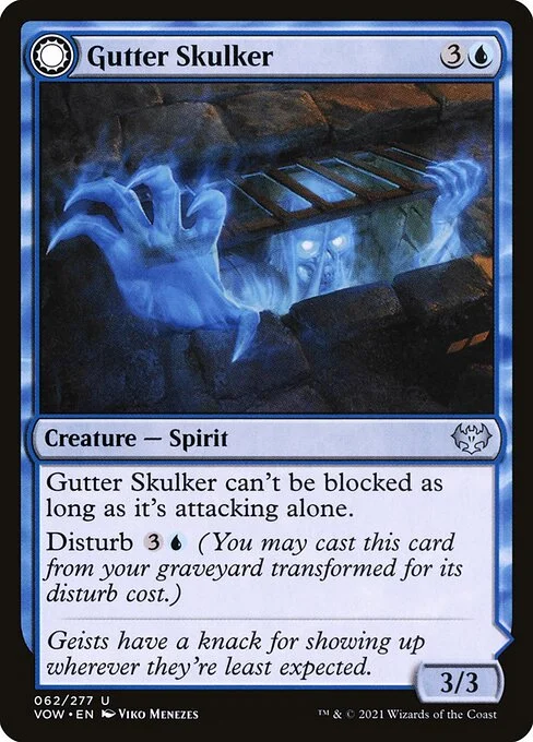Gutter Skulker // Gutter Shortcut, carta Magic di tipo Creature — Spirit // Enchantment — Aura illustrata da Viko Menezes