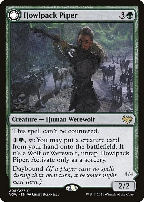 Howlpack Piper // Wildsong Howler, carta Magic di tipo Creature — Human Werewolf // Creature — Werewolf illustrata da Cristi Balanescu