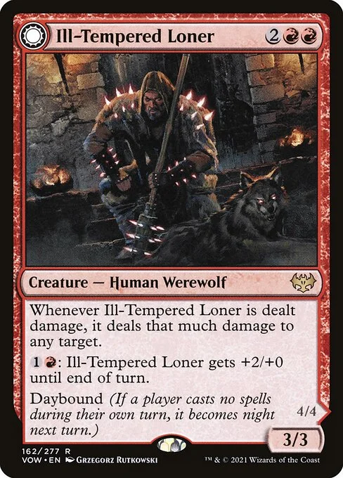 Ill-Tempered Loner // Howlpack Avenger, carta Magic di tipo Creature — Human Werewolf // Creature — Werewolf illustrata da Grzegorz Rutkowski