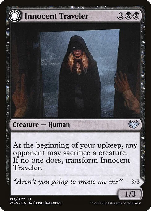 Innocent Traveler // Malicious Invader, carta Magic di tipo Creature — Human // Creature — Vampire illustrata da Cristi Balanescu