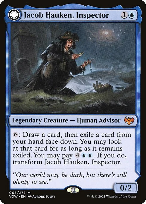 Jacob Hauken, Inspector // Hauken's Insight, carta Magic di tipo Legendary Creature — Human Advisor // Legendary Enchantment illustrata da Aurore Folny