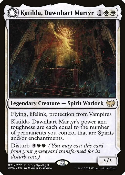 Katilda, Dawnhart Martyr // Katilda's Rising Dawn, carta Magic di tipo Legendary Creature — Spirit Warlock // Legendary Enchantment — Aura illustrata da Manuel Castañón