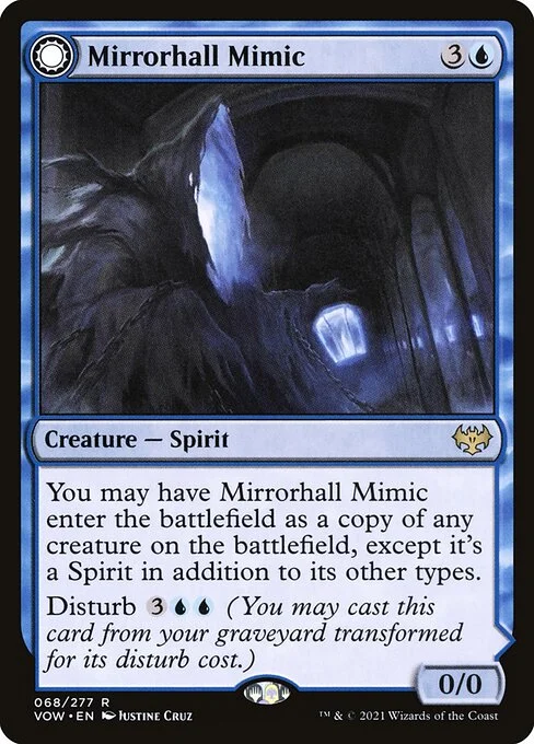 Mirrorhall Mimic // Ghastly Mimicry, carta Magic di tipo Creature — Spirit // Enchantment — Aura illustrata da Justine Cruz