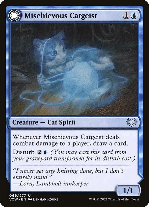 Mischievous Catgeist // Catlike Curiosity, carta Magic di tipo Creature — Cat Spirit // Enchantment — Aura illustrata da Denman Rooke
