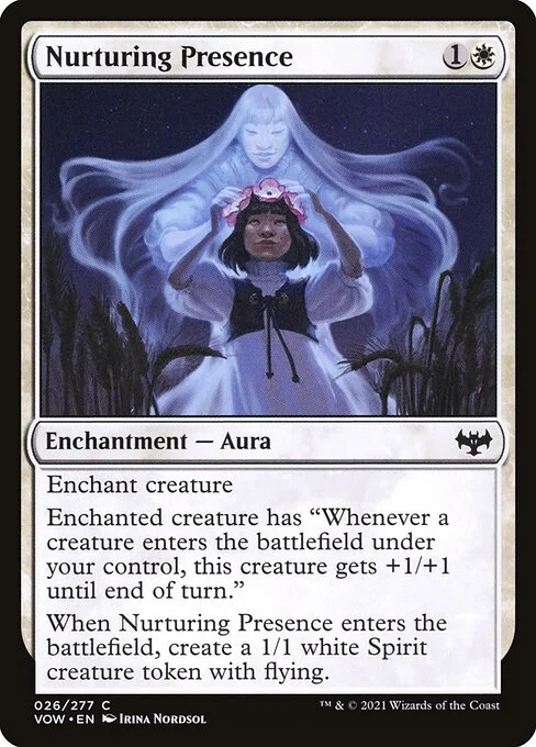 Nurturing Presence, carta Magic di tipo Enchantment — Aura illustrata da Irina Nordsol