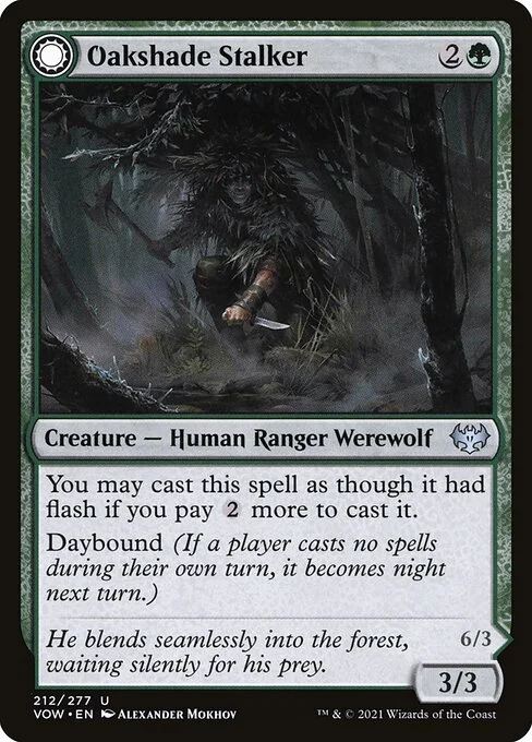 Oakshade Stalker // Moonlit Ambusher, carta Magic di tipo Creature — Human Ranger Werewolf // Creature — Werewolf illustrata da Alexander Mokhov