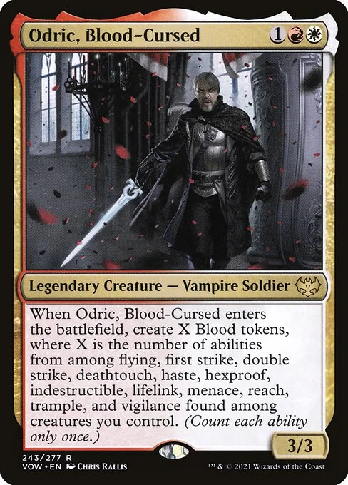 Odric, Blood-Cursed, carta Magic di tipo Legendary Creature — Vampire Soldier illustrata da Chris Rallis