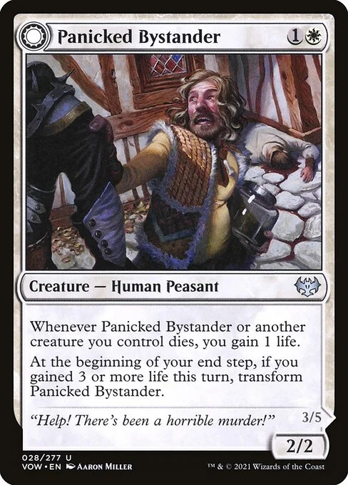 Panicked Bystander // Cackling Culprit, carta Magic di tipo Creature — Human Peasant // Creature — Human Rogue illustrata da Aaron Miller