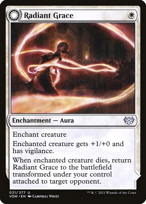 Radiant Grace // Radiant Restraints, carta Magic di tipo Enchantment — Aura // Enchantment — Aura Curse illustrata da Campbell White