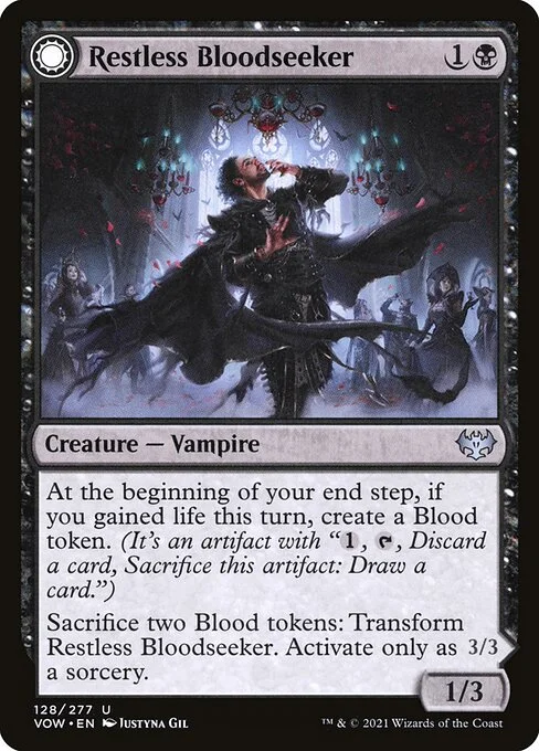 Restless Bloodseeker // Bloodsoaked Reveler, carta Magic di tipo Creature — Vampire // Creature — Vampire illustrata da Justyna Dura