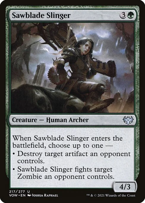 Sawblade Slinger, carta Magic di tipo Creature — Human Archer illustrata da Joshua Raphael