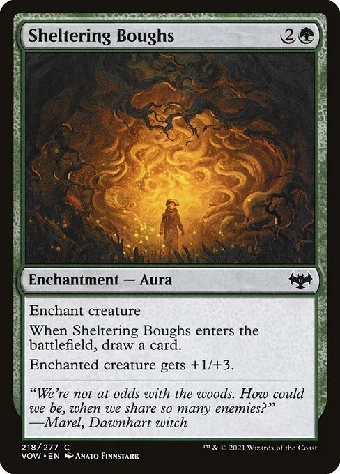 Sheltering Boughs, carta Magic di tipo Enchantment — Aura illustrata da Anato Finnstark