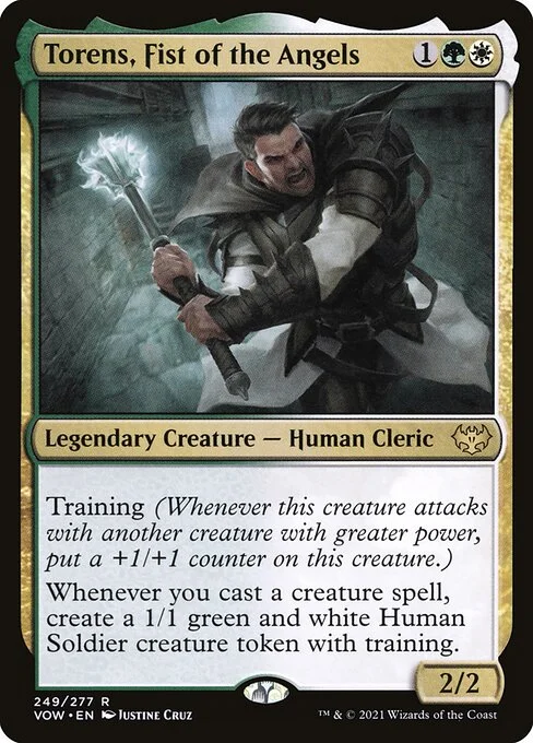 Torens, Fist of the Angels, carta Magic di tipo Legendary Creature — Human Cleric illustrata da Justine Cruz