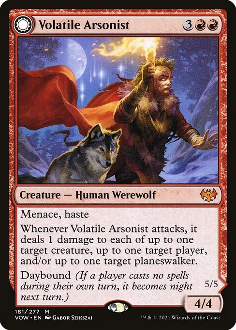 Volatile Arsonist // Dire-Strain Anarchist, carta Magic di tipo Creature — Human Werewolf // Creature — Werewolf illustrata da Gabor Szikszai