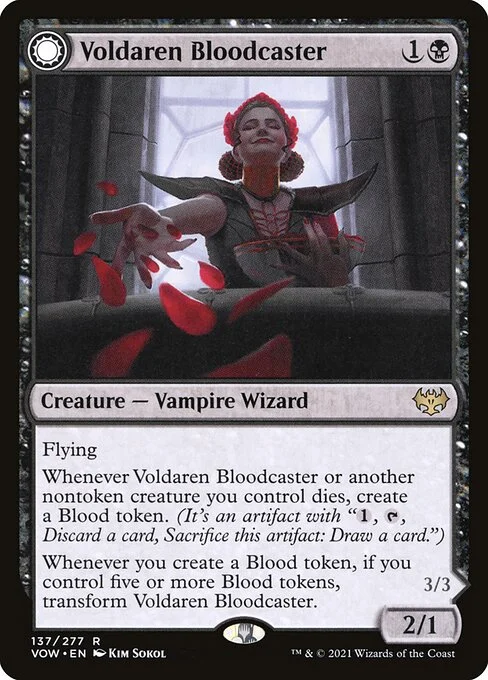 Voldaren Bloodcaster // Bloodbat Summoner, carta Magic di tipo Creature — Vampire Wizard // Creature — Vampire Wizard illustrata da Kim Sokol