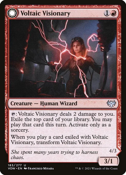 Voltaic Visionary // Volt-Charged Berserker, carta Magic di tipo Creature — Human Wizard // Creature — Human Berserker illustrata da Francisco Miyara