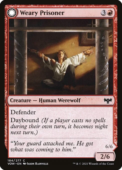 Weary Prisoner // Wrathful Jailbreaker, carta Magic di tipo Creature — Human Werewolf // Creature — Werewolf illustrata da Jason Rainville