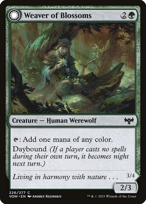 Weaver of Blossoms // Blossom-Clad Werewolf, carta Magic di tipo Creature — Human Werewolf // Creature — Werewolf illustrata da Andrey Kuzinskiy