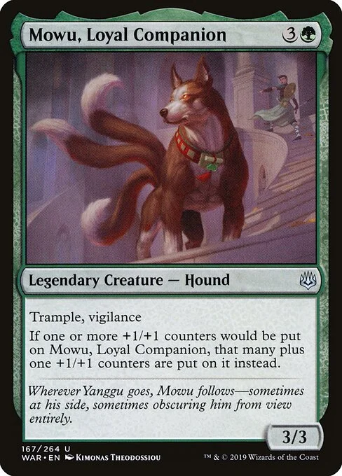 Mowu, Loyal Companion, carta Magic di tipo Legendary Creature — Dog illustrata da Kimonas Theodossiou