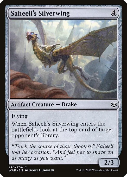 Saheeli's Silverwing, carta Magic di tipo Artifact Creature — Drake illustrata da Daniel Ljunggren