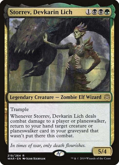 Storrev, Devkarin Lich, carta Magic di tipo Legendary Creature — Zombie Elf Wizard illustrata da Igor Kieryluk