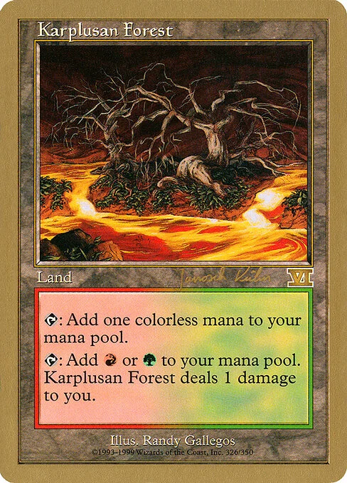 Karplusan Forest, carta Magic di tipo Land illustrata da Randy Gallegos