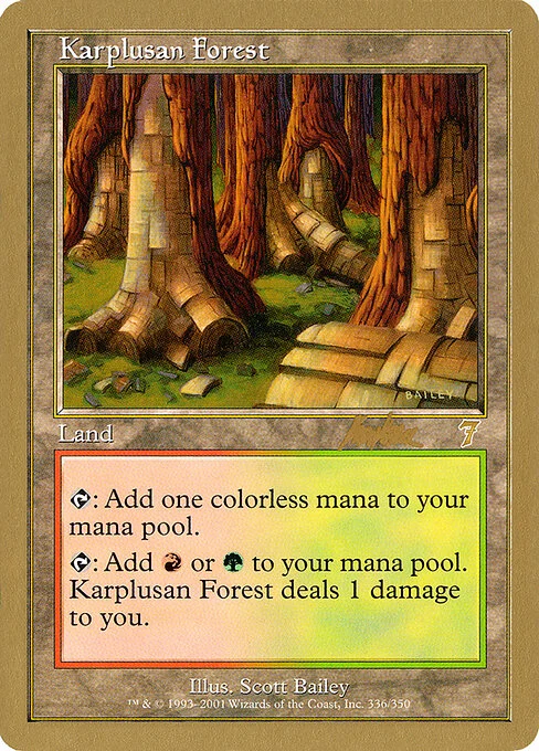 Karplusan Forest, carta Magic di tipo Land illustrata da Scott Bailey