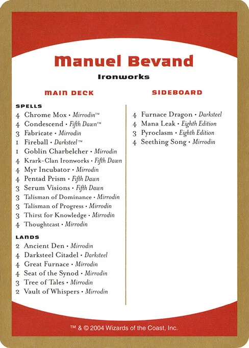 Manuel Bevand Decklist, carta Magic di tipo Card