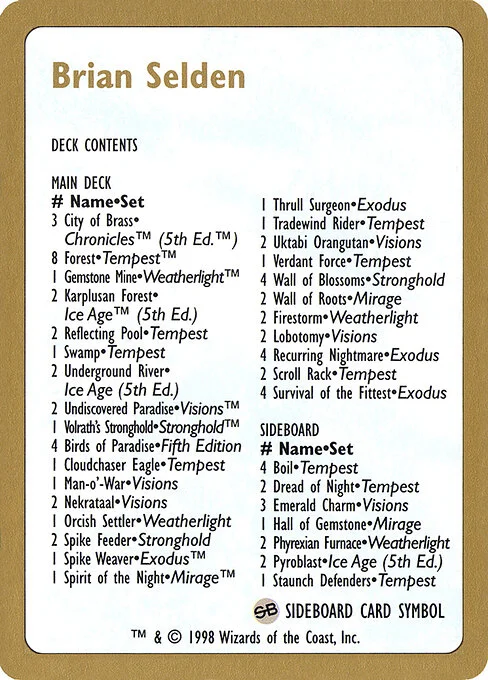 Brian Selden Decklist, carta Magic di tipo Card