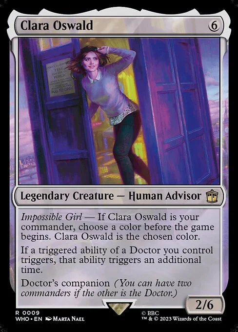 Clara Oswald, carta Magic di tipo Legendary Creature — Human Advisor illustrata da Marta Nael