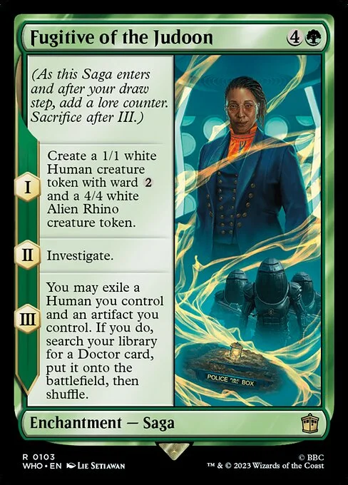 Fugitive of the Judoon, carta Magic di tipo Enchantment — Saga illustrata da Lie Setiawan