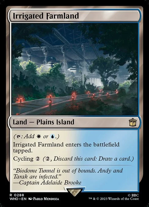 Irrigated Farmland, carta Magic di tipo Land — Plains Island illustrata da Pablo Mendoza