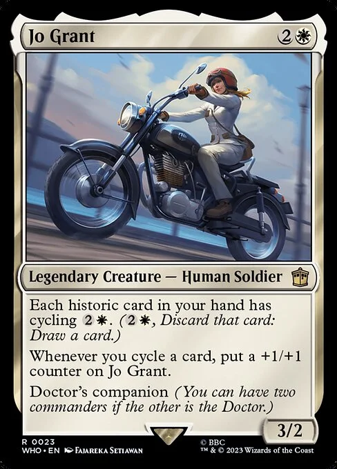 Jo Grant, carta Magic di tipo Legendary Creature — Human Soldier illustrata da Fajareka Setiawan