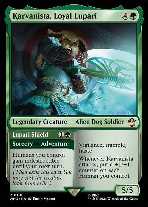 Karvanista, Loyal Lupari // Lupari Shield, carta Magic di tipo Legendary Creature — Alien Dog Soldier // Sorcery — Adventure illustrata da Erion Makuo