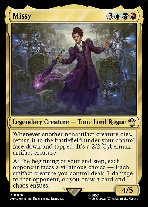 Missy, carta Magic di tipo Legendary Creature — Time Lord Rogue illustrata da Ekaterina Burmak