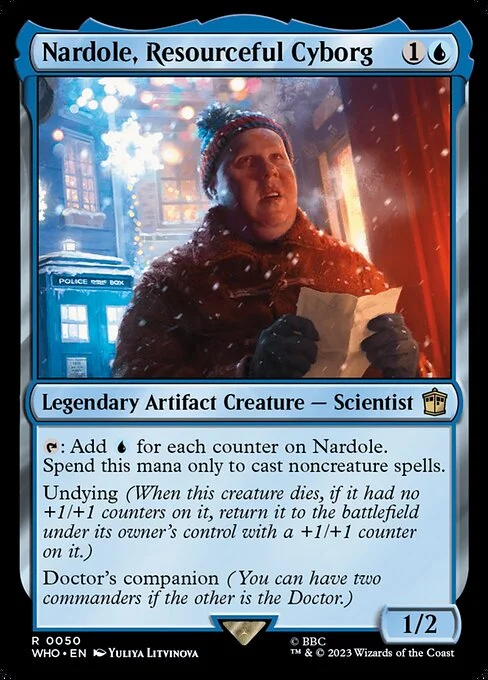 Nardole, Resourceful Cyborg, carta Magic di tipo Legendary Artifact Creature — Scientist illustrata da Yuliya Litvinova