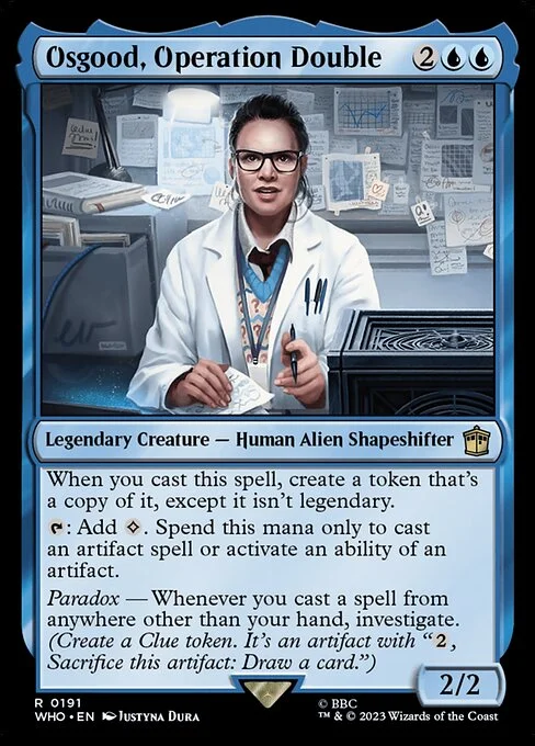 Osgood, Operation Double, carta Magic di tipo Legendary Creature — Human Alien Shapeshifter illustrata da Justyna Dura