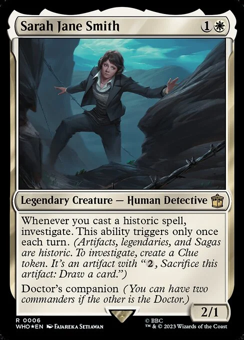 Sarah Jane Smith, carta Magic di tipo Legendary Creature — Human Detective illustrata da Fajareka Setiawan
