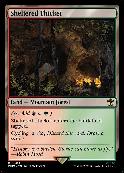 Sheltered Thicket, carta Magic di tipo Land — Mountain Forest illustrata da Drew Tucker